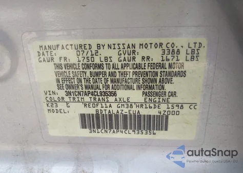 2012 Nissan Versa 1.6 S from USA, damaged, VIN 3N1CN7AP4CL935356